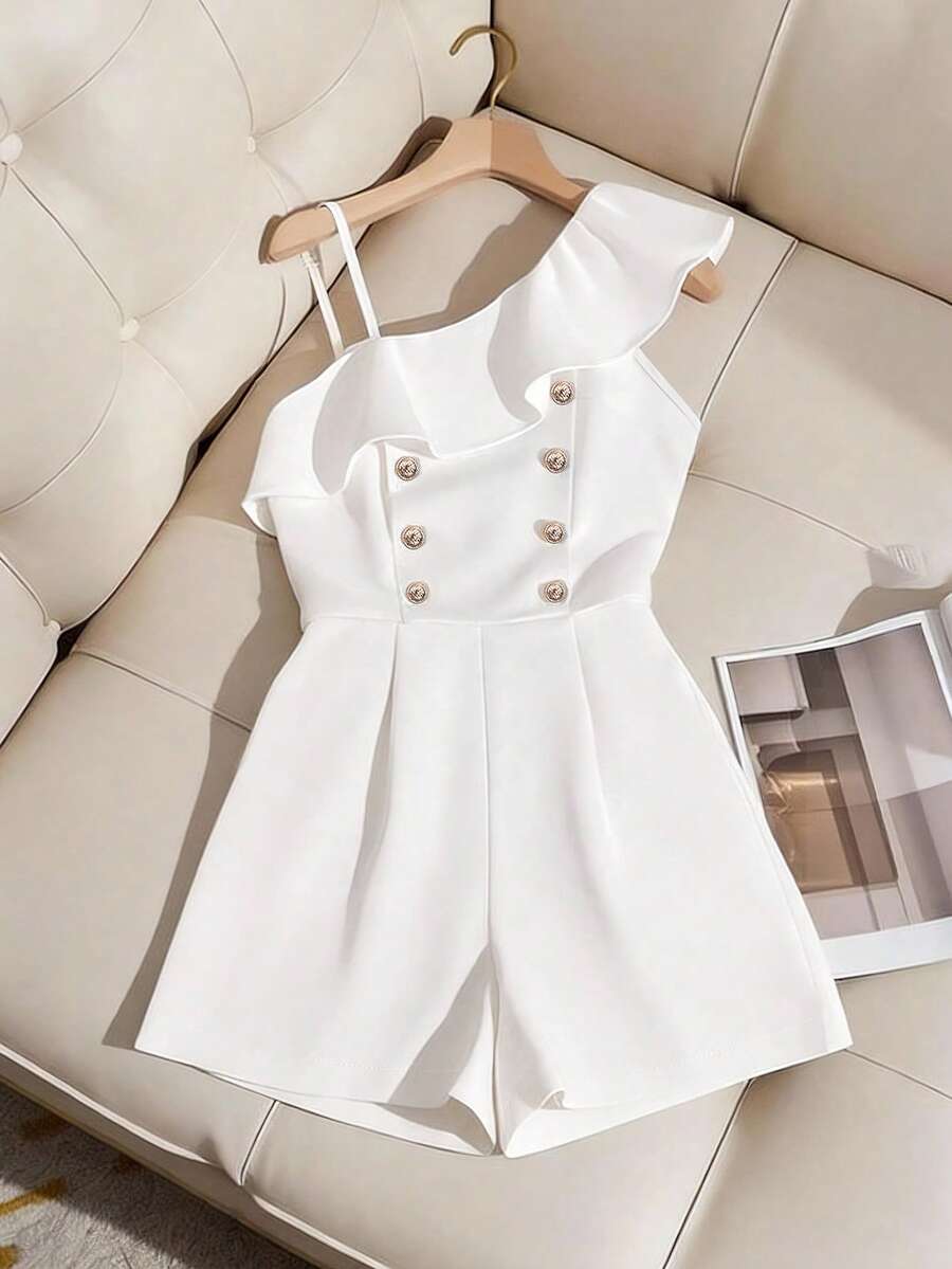 SHEIN Sparklyn Elegant Asymmetric Ruffle Design Metal Button Jumpsuit, Suitable For Teen Girls, Spring/Summer, Commuting - White - View 1