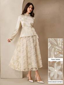 Graceveil 女士两件套：亮面长袖系带上衣和优雅喇叭网纱裙 - 杏色 - 查看 2