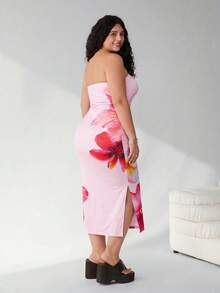 SHEIN EZwear 大码女士情人节印花抹胸优雅连衣裙 - 粉色 - 查看 2