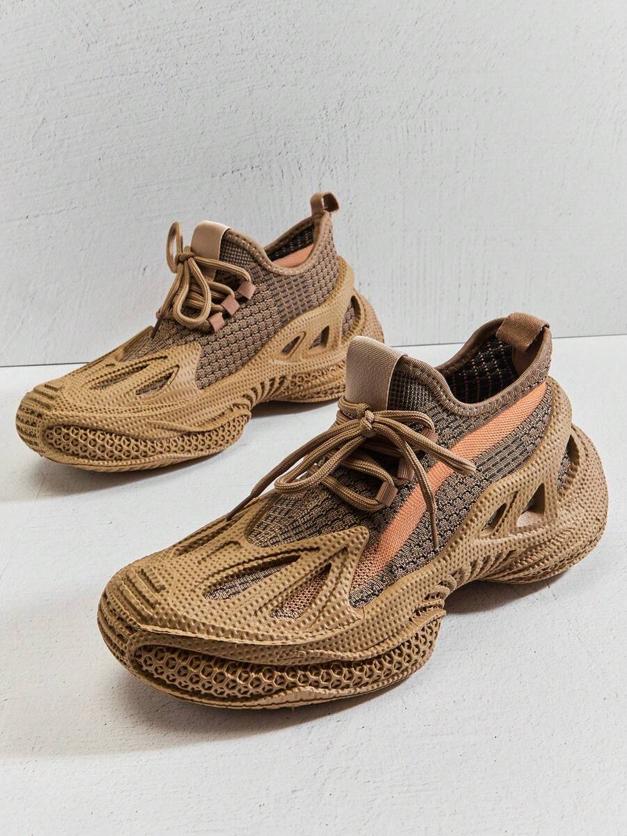 SHUZIA Men's Knit Mesh Hybrid Tan Orange Cage Sneakers – Designer-Inspired Silhouette & 3D-Printed Feeling Futuristic Sole For Bold Everyday Style Valentine's Day - Maroon - View 1