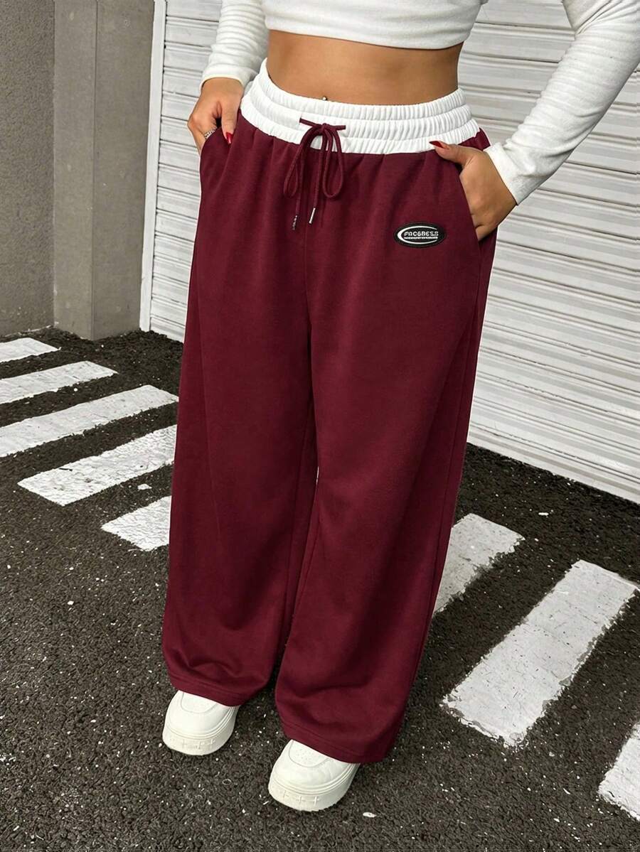 SHEIN EZwear 大码酒红色休闲宽松运动裤 - 酒紅色 - 查看 1