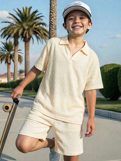 Tween Boy Solid Color Casual Short Sleeve T-Shirt And Shorts Set