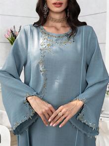 SHEIN Najma Embroidered Floral Trim Patchwork Long Sleeve Maxi Dress, Turkish & Arabic Traditional Style - Blue - View 8