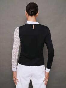 Activina Women's Lace Patchwork Stand Collar Casual Versatile Equestrian Long Sleeve Top - Black - View 2