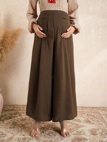 SHEIN Women's Summer Linen-Feel Solid Casual Wide Leg Pants, Adjustable Elastic Waist Maternity Pants - Brown - View 5