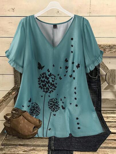 Linhara 大码亚麻优雅休闲蝴蝶蒲公英印花短袖荷叶边V领衬衫，适合日常、通勤、外出、用餐等场合。