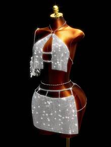 Mistrie Damen elegantes silbernes metallisches glänzendes Badeanzug-Set, Damen Badeanzug-Set, 26ss Neue Strandparty Urlaubsbademode, Sommer 2026 Sommeroutfits für Damen Strandkleid Strandoutfits für Damen Elegante Lässig Sommer Urlaubsoutfits Urlaubsoutfits für Damen Bademode Badeanzüge für Damen Urlaub Boho Sexy Einfarbig Kariert Gestreift Lässig Futuristisch Outfit Strass Kleidung Leuchtend Outfit für Damen Glitzer Outfit Diamantkleid - Silber - Übersicht 4