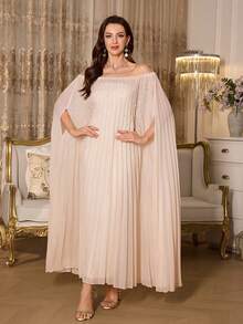 SHEIN Elenzya Conjunto de 2 peças com ombros à mostra, com pérolas artesanais e pregas plissadas, elegante, tamanho padrão feminino - Damasco - Visão 3