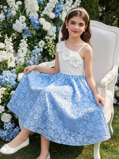 SHEIN 1pc Girls Elegant Fashion Adjustable Spaghetti Strap Short Solid Color Dress With 3D Pearl Flower Decor, Suitable For Graduation, Wedding, Formal Occasions, Casual Outings And Parties