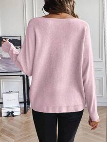 SHEIN LUNE Suéter de Gola Careca Casual Versátil de Manga Longa para Mulheres, Cor Sólida - Rosa chiclete - Visão 2