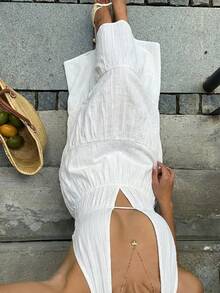 Sunnyshic Apricot Textured Pleated Deep V Halter Backless Cinched Waist Dress, Women Spring/Summer Vacation Boho Beach Wedding Elegant Sweet Minimalist Casual Versatile - Apricot - View 3