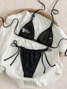 Swim SXY 夏季度假性感串珠露背吊带短款上衣和侧系带三角比基尼套装 - 黑色 - 查看 4
