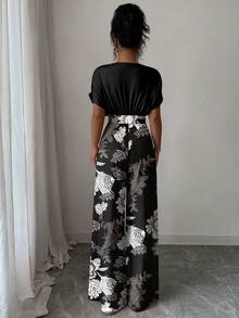 Elenzga 女式V领宽松百褶腰印花长款连体裤 - 黑色 - 查看 2