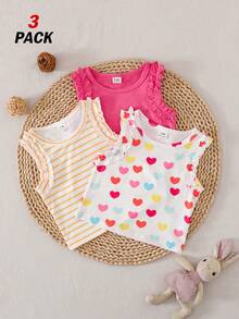 SHEIN Vintaside Kids 3件套女婴休闲上衣，包括纯粉色、杏色和条纹荷叶边袖背心，舒适亲肤，适合居家、度假或日常穿着。 - 彩色 - 查看 1