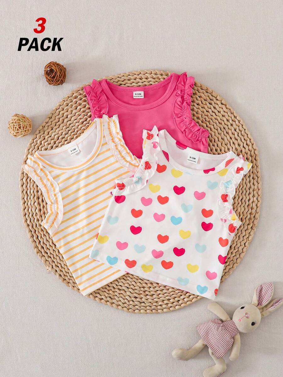 SHEIN Vintaside Kids 3件套女婴休闲上衣，包括纯粉色、杏色和条纹荷叶边袖背心，舒适亲肤，适合居家、度假或日常穿着。 - 彩色 - 查看 1