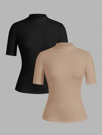 SHEIN EZwear 2pcs/Set Plus Size Women's Casual Minimalist Turtleneck Black & Khaki Short Sleeve T-Shirt, Suitable For Spring & Summer