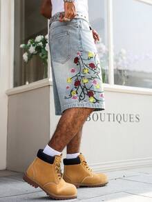 Manfinity EMRG Men's Casual Street Style Embroidered Blue Denim Shorts - Light Wash - View 5