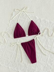 Swim Mod 2pcs/Set New Sexy Backless Halter Tie Solid Color Women Swimwear Set, Summer - Purple - View 3
