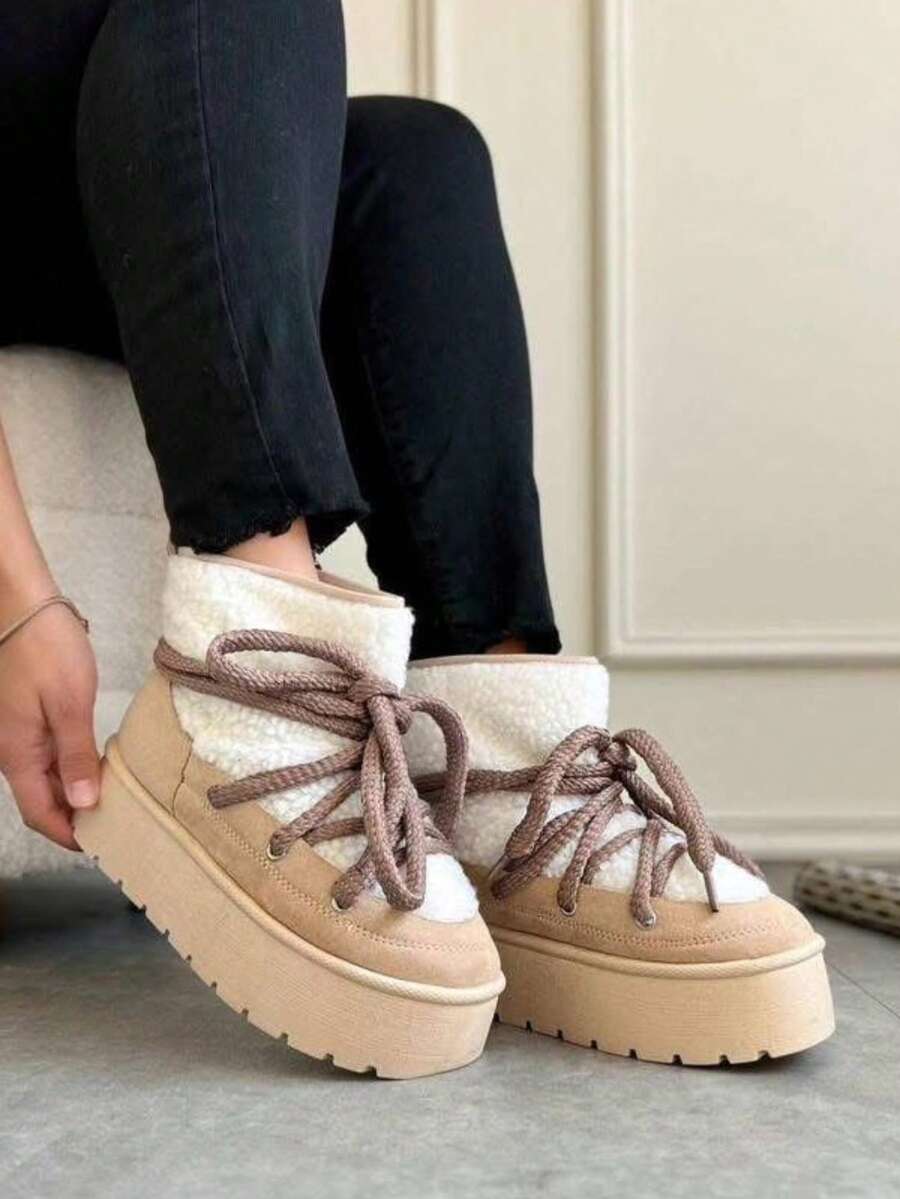 Botines de mujer botas afelpadas de piso botines para dama calzado de invierno cómodo casual botines cortos suela antideslizante acojinadas botas de fiestas festivales trabajo escuela botines cortos casuales  botas womens boots shoes SensShoes - Beis - Ver 1