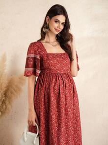 Momance Maternity Bohemian Print Ruffle Sleeve Casual Elegant Dress - Multicolor - View 6