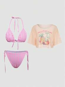 Sweetra 新款夏季海滩度假甜美可爱大码女式三件套泳装：水果印花罩衫 + 复古条纹比基尼泳衣套装 - 彩色 - 查看 1