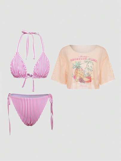 Sweetra New Summer Beach Vacation Sweet & Cute Plus Size Women 3-Piece Swimsuit Set: Fruit Print Coverup + Retro Striped Bikini Swimsuit Set