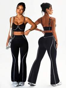 Slayform Bộ áo ngực và quần ống loe thể thao yoga co giãn cao cấp không đường may - màu đen - Xem 4