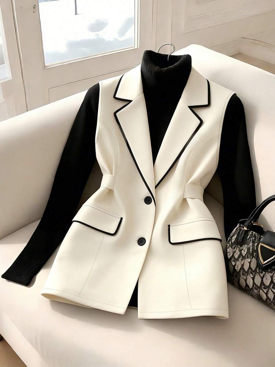 Franclia Women's Blazer, Beige Blazer, Contrasting Collar Blazer, Sleeveless Blazer, Thin Spring/Autumn Blazer, Belted Blazer, Elegant Blazer, Black Blazer, Color-Block Blazer, Everyday Commuter Blazer, Fashionable And Versatile Blazer, Simple And Sophisticated Blazer Suit Jacket For Women Women Blazer Women Suit Vest Dress Jacket - Beige - View 1