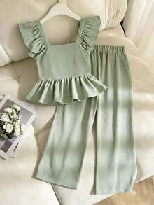 SHEIN 少女薄荷绿纹理面料蝴蝶结后背荷叶边衬衫和裤子两件套 - 薄荷綠 - 查看 3