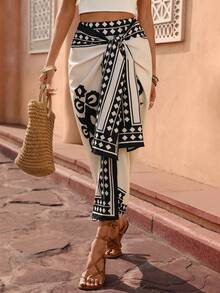 Selianne Women's Elegant, Fashionable, Comfortable, Charming Retro Minimalist High-End Romantic Holiday Wrap-Style Bodycon Printed Asymmetric Bow-Tie Skirt - Apricot - View 3