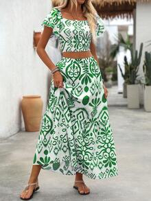 Breezaya Women's Summer Vacation Allover Print Ruffle Hem Crop Top And Skirt 2 Pieces Set - Green - View 8