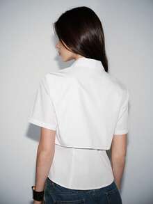 Lumivelle Women's Spring/Summer New Blouse Short Sleeve 2 In 1 Design Urban Chic Elegant White Shirt Collar Shirt Cropped Button Up - White - View 2