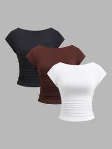 Sweetra Solid Color Round Neck Pleated Fitted Elegant Fashion Short Sleeve T-Shirt - Multicolor - View 3