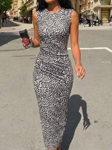 Pariaura 2026新款女士黑白豹纹无袖修身长裙，圆领弹力修身长款连衣裙，夏季休闲外出海滩派对街头必备单品，畅销时尚基础款连衣裙 - 彩色 - 查看 3