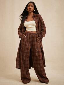NYA SZN 女士时尚休闲/办公通勤格子印花落肩宽松长袖长衬衫和阔腿裤两件套 - 棕色 - 查看 3