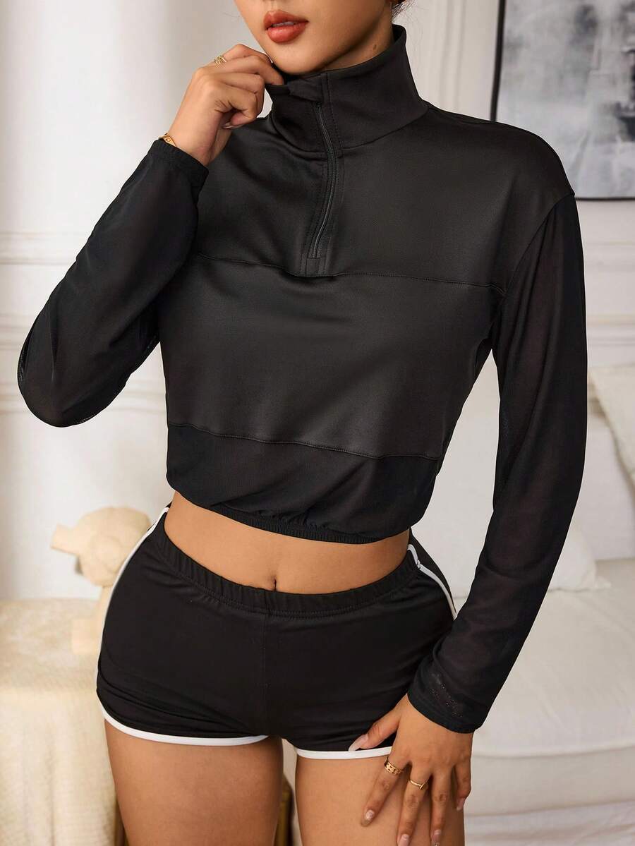 Slayform 休闲百搭黑色网眼拼接立领拉链半开襟长袖卫衣 - 黑色 - 查看 1