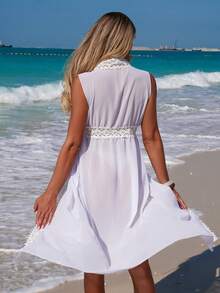 Swim Lushoire 女士夏季度假沙滩撞色蕾丝前系带雪纺和服罩衫 - 白色 - 查看 2