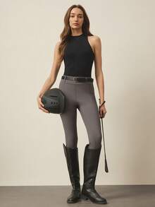 SHEIN With My Calm 1 chiếc áo vest cưỡi ngựa cổ đứng màu đen dành cho nữ, áo hai dây thể thao ngoài trời ôm sát, không đường may, gợi cảm. - màu đen - Xem 5