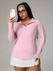 Rhythm Era Plus Size Contrast Trim Half Zip Fitted Long Sleeve Sweatshirt - Pink - View 3