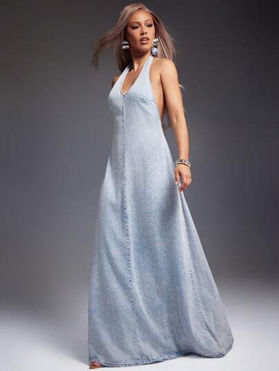 Denimoi Women's Casual Washed Halter Backless Denim Dress, Summer