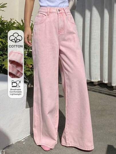 DAZY Women's Loose Casual Distressed Pink Wide-Leg Jeans, Vacation Style, Spring/Summer