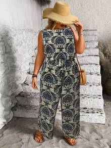 EMERY ROSE Plus Size Casual Retro Print Round Neck Jumpsuit, Versatile - Blue - View 4
