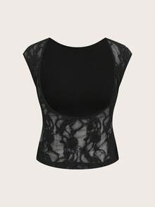 Aloruh 小巧性感款95%棉蕾丝拼接短袖T恤，露背短款上衣，适合春夏、派对、海滩穿着 - 黑色 - 查看 3