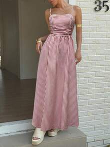 Pariaura Women's Casual Striped Ruffle Strap Dress, Summer - Pink - View 1