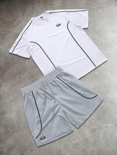 Manfinity EMRG Men's Contrast Trim Round Neck Short Sleeve T-Shirt And Drawstring Waist Shorts Casual Suit