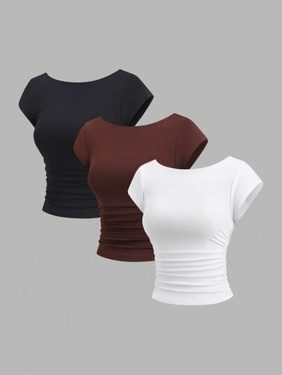 Sweetra Camiseta de manga corta elegante de unicolor, cuello redondo, plisada y ajustada