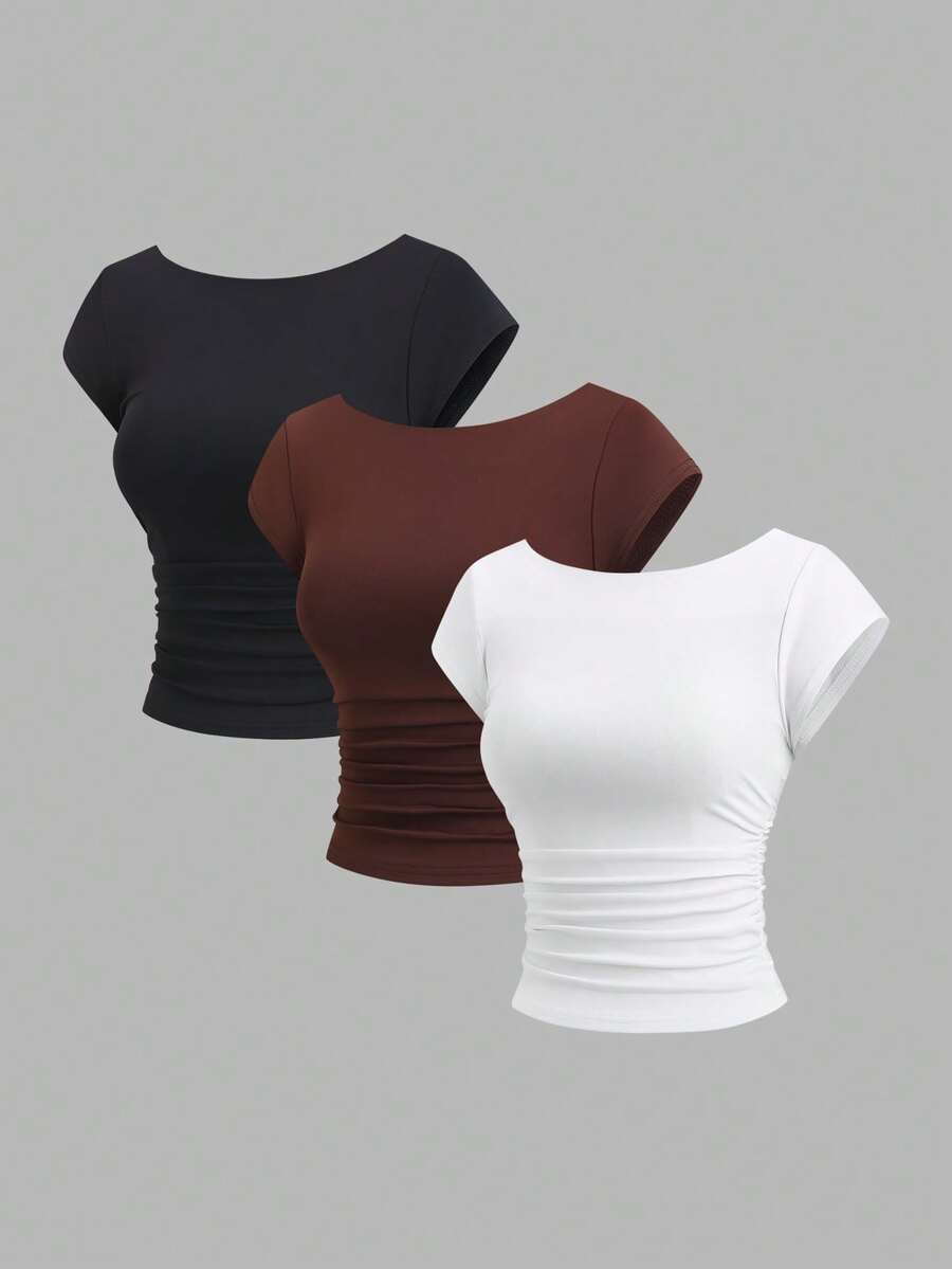 Sweetra Solid Color Round Neck Pleated Fitted Elegant Fashion Short Sleeve T-Shirt - Multicolor - View 1