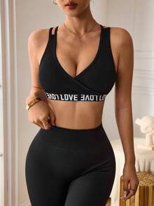 Slayform Áo ngực thể thao nữ in chữ jacquard, lưng chéo, thích hợp mặc hàng ngày. - màu đen - Xem 3