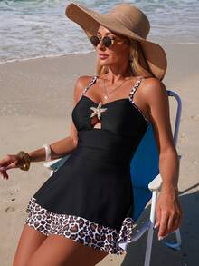 Swim Lushoire Women's Leopard Print Strap & Hem Black Swimsuit Skirt - Black - View 5