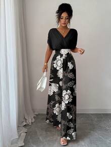 Elenzga 女式V领宽松百褶腰印花长款连体裤 - 黑色 - 查看 3